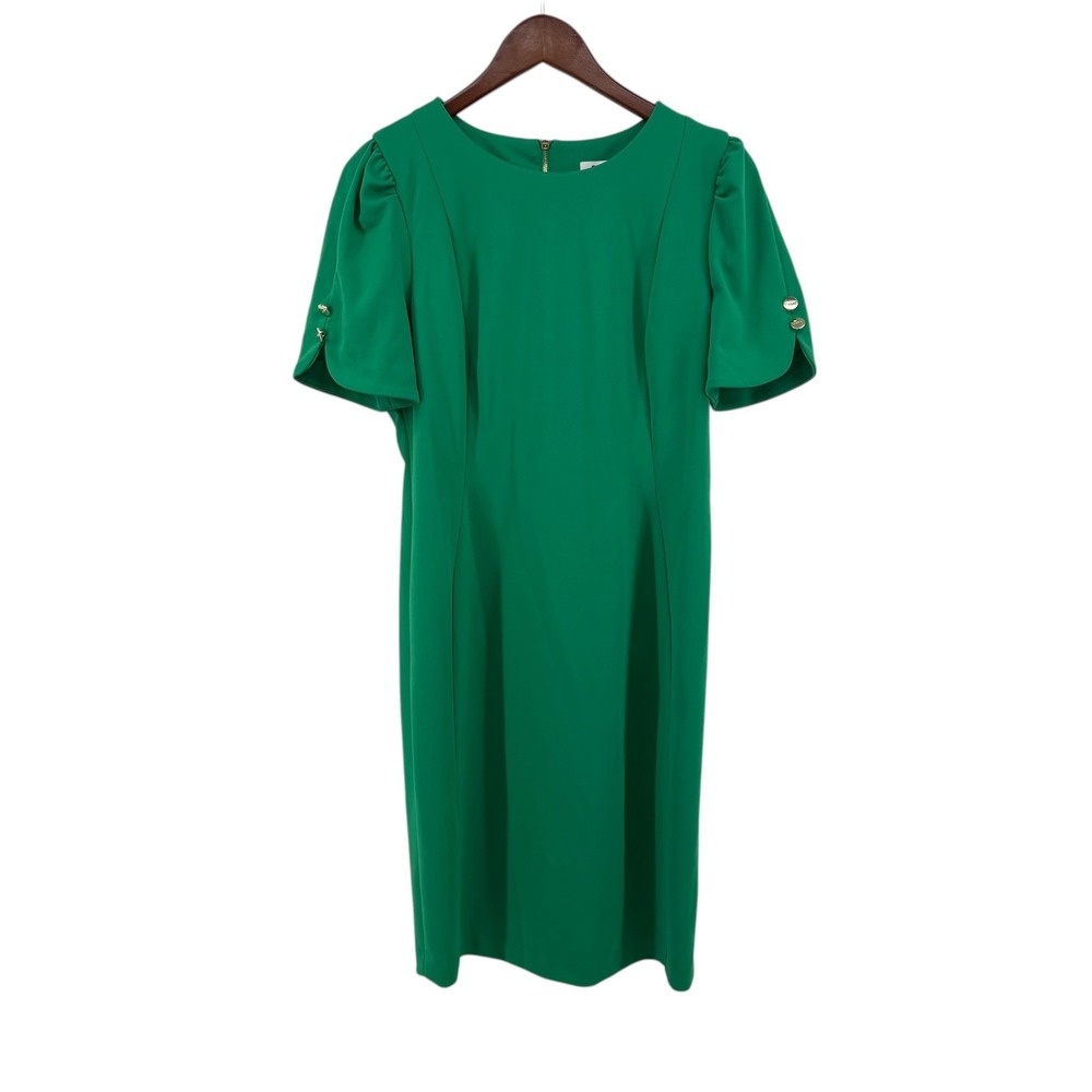 DKNY Emerald Green Tulip Sleeve Sheath Dress Size 12 Gold Buttons NWT